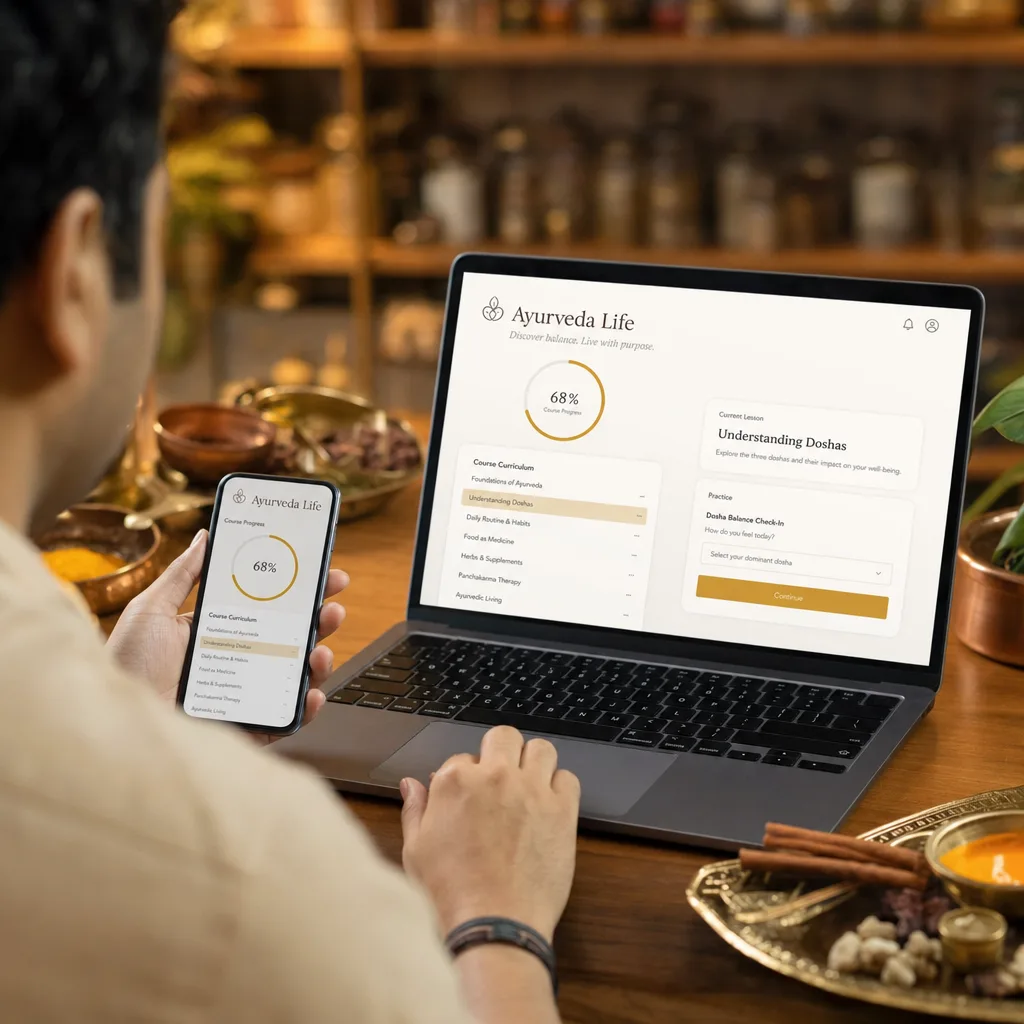 Inside the program: course dashboard with modules, lessons and reference guides